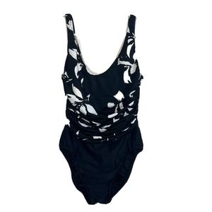Miraclesuit Size 10 Black Floral tummy control Ruched swim one piece Beach J13